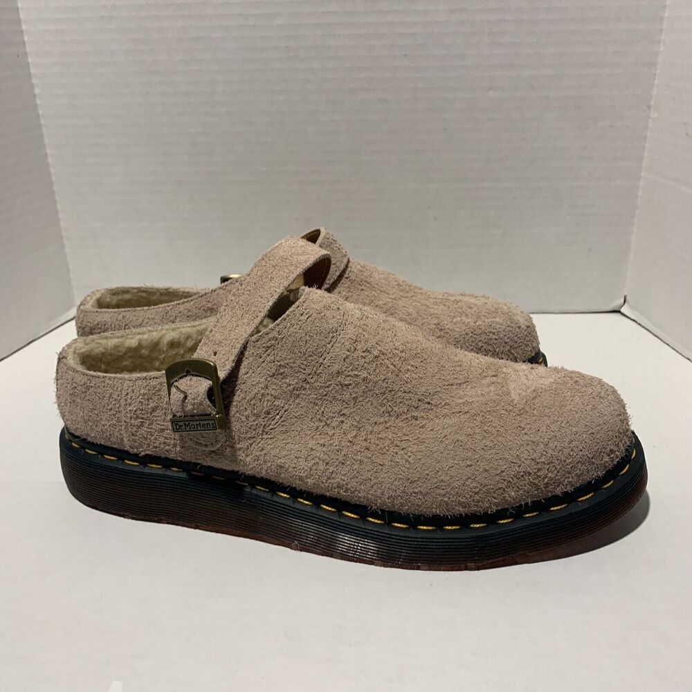 Dr Martens Isham Men's Sz 13 Taupe Long Napped Suede Buckle Fur Lined Clog